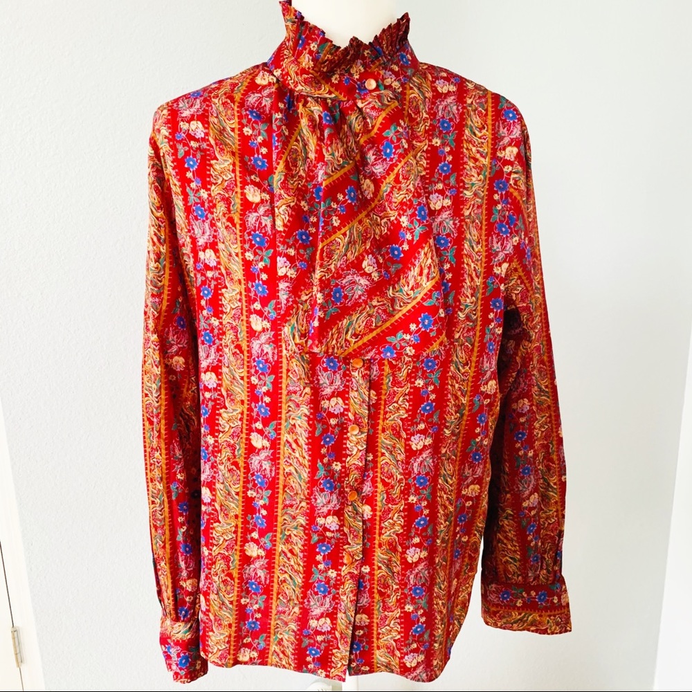 Vintage 80’s Burgundy Floral Secretary Blouse Sz M